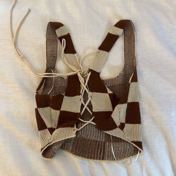 Checkered Knit Lace up back Top - Picture 2 of 2